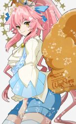  animal_ear_fluff animal_ears blue_shorts breasts fate/grand_order fate_(series) female fox_ears fox_girl fox_tail hair_between_eyes highres large_breasts long_hair long_sleeves looking_at_viewer pink_hair ponytail shirt shorts sidelocks smile solo tail tamamo_(fate) tamamo_no_mae_(fate) wagu_neru white_shirt yellow_eyes 
