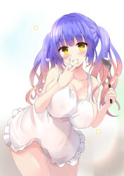  :d alternate_breast_size apron ass_visible_through_thighs bare_arms bare_shoulders blue_hair blue_nails blunt_bangs blush breasts cleavage collarbone commentary_request covered_nipples cowboy_shot eyelashes eyes_visible_through_hair female flower frilled_apron frills gradient_hair grin gyaru hair_flower hair_ornament hand_up hands_up happy heart highres holding holding_ladle huge_breasts kohibari_kurumi ladle leaning_forward long_hair looking_at_viewer multicolored_hair nail_polish pink_flower purunyara sidelocks simple_background smile solo tenshi_souzou_re-boot! thigh_gap thighs twintails v v_over_mouth white_apron yellow_eyes yellow_nails yellow_pupils 