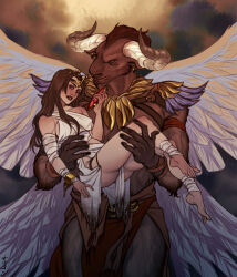  alessia_(tes) amulet_of_kings armor back_wings barefoot bethesda_game_studios bottomwear bovid bovine bridal_carry brown_body brown_fur brown_hair carrying_another chained_cuffs chains cloth_wrapping clothed clothing crown cuff_(restraint) duo ear_piercing ear_ring european_mythology fantasy feet female fur gold_(metal) gold_armor gold_cuffs greek_mythology hair hakuryuorion headgear holding_body horn human jewelry leather leather_clothing loincloth male male/female mammal metal_cuffs microsoft minotaur morihaus_(tes) mythology oversized_clothing partially_clothed pendant piercing queen restraints ring_piercing royalty spread_wings taur the_elder_scrolls wings 