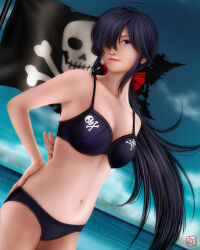  arm_behind_back artist_name bare_shoulders bikini black_bikini bow breasts cleavage collarbone commentary_request cowboy_shot day dutch_angle ebi_(eeotoko) female flag floating_hair girls_und_panzer hair_ornament hair_over_one_eye hairbow hand_on_hilt highres large_breasts light_smile long_hair looking_at_viewer navel ocean ogin_(girls_und_panzer) outdoors purple_hair realistic red_bow red_ribbon ribbon signature skull_and_crossbones smile solo standing swimsuit torn_flag translation_request very_long_hair wind 