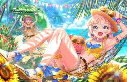  2girls :d anyoji_hime armpits beach belt bikini bikini_top_only black_belt blonde_hair blue_bikini blue_hair blue_sky breasts cleavage cloud day earrings eyewear_on_headwear flower full_body game_cg gradient_hair hair_ornament halterneck hammock hand_on_headwear hat heart heart_hair_ornament hibiscus highres inflatable_crocodile inflatable_toy jewelry link!_like!_love_live! looking_at_viewer love_live! lying medium_breasts mira-cra_park! multicolored_hair multiple_girls navel non-web_source o-ring o-ring_bikini o-ring_top official_art on_back on_hammock open_clothes open_mouth open_vest osawa_rurino outdoors palm_tree pink_hair red_flower sandals short_shorts shorts sky smile starfish_hair_ornament stomach straw_hat string_of_flags stuffed_animal stuffed_dog stuffed_toy sunflower sunglasses swimsuit tree very!_very!_coconatsu vest virtual_youtuber white_shorts x_hair_ornament yellow_sandals 