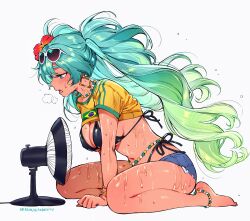  aqua_hair bikini brazilian_flag brazilian_flag_print brazilian_miku breasts dark_skin earrings electric_fan eyewear_on_head female flag_print flower gradient_hair hair_flower hair_ornament hatsune_miku highres jewelry long_hair multicolored_hair qiandaiyiyu shirt shorts solo sunglasses sweat swimsuit tan twintails vocaloid yellow_shirt 