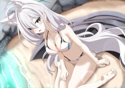  ahoge alternate_costume animal_ear_fluff animal_ears bare_arms bare_shoulders barefoot bikini blue_archive blue_eyes blush breasts cleavage cross_hair_ornament extra_ears female grey_hair hair_between_eyes hair_ornament large_breasts long_hair looking_at_viewer open_mouth shiroko_(blue_archive) shiroko_terror_(blue_archive) solo swimsuit totororo white_bikini wolf_ears wolf_girl 
