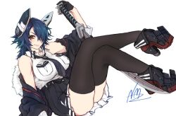  black_gloves black_shoes black_thighhighs blue_hair breast_pocket breasts checkered_necktie collared_shirt crossed_legs eyepatch female fur-trimmed_jacket fur_trim gloves holding holding_sword holding_weapon jacket jacket_on_shoulders kantai_collection large_breasts legs_up looking_at_viewer miniskirt necktie partially_fingerless_gloves pleated_skirt pocket shirt shoes short_hair signature simple_background skirt sleeveless sleeveless_shirt smile sword tenryuu_(kancolle) tenryuu_kai_ni_(kancolle) thighhighs third-party_source weapon white_background yellow_eyes 