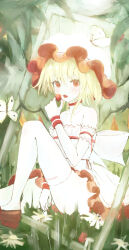  absurdres artist_name bare_shoulders bow bug butterfly choker collarbone crystal_wings dress fangs female flandre_scarlet flat_chest food frilled_cuffs frilled_hat frills fruit hat highres holding holding_food holding_fruit k4ja0002 knee_up looking_at_viewer medium_hair nail_polish open_mouth red_choker red_eyes red_nails red_shoes shoes sidelocks signature sitting skindentation solo thighhighs thighs touhou waist_bow white_bow white_dress white_hat white_thighhighs wrist_cuffs 