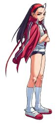  ahoge arm_out_of_sleeve black_buruma black_hair buruma crossed_arms edaki_shin&#039;ya female game_cg gym_shirt gym_uniform hairband highres iinchou_(justice_gakuen) jacket justice_gakuen kneehighs long_hair looking_at_viewer moero!_justice_gakuen non-web_source official_art open_clothes open_jacket red_hairband shirt simple_background smile socks solo standing track_jacket white_background white_shirt 