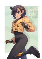  black_bodysuit black_gloves black_hair blush bodysuit breasts closed_mouth commentary_request dark-skinned_female dark_skin emma_(pokemon) female gloves hair_ornament highres jacket looking_at_viewer pokemon pokemon_legends:_z-a purple_eyes short_hair smile solo watermark yomogi_(black-elf) 