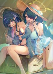  2girls absurdres bare_legs bare_shoulders black_hair black_jacket blue_archive blue_ribbon blush book breast_press breasts brown_hat cleavage colored_inner_hair crossed_bangs flower glasses hair_between_eyes hair_over_one_eye halo hat hat_flower hat_ribbon highres hinata_(blue_archive) hinata_(swimsuit)_(blue_archive) holding holding_book huge_breasts jacket kneeling long_hair looking_at_another multi-tied_hair multicolored_hair multiple_girls navel official_alternate_costume official_alternate_hairstyle open_clothes open_jacket open_mouth open_shirt purple_eyes purple_hair red_eyes ribbon round_eyewear see-through_clothes see-through_shirt shirt sitting stomach sun_hat syafa two-tone_hair ui_(blue_archive) ui_(swimsuit)_(blue_archive) very_long_hair white_flower white_shirt yellow_halo 