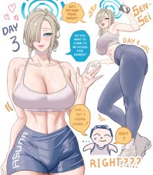  1boy ass asuna_(blue_archive) bare_shoulders biratwo blonde_hair blue_archive blue_eyes blue_halo blush bra breasts choker cleavage collarbone commentary doodle_sensei_(blue_archive) female grey_pants grey_shorts groin hair_bun hair_over_one_eye halo highres holding holding_phone large_breasts long_hair midriff mole mole_on_breast navel pants parted_lips phone sensei_(blue_archive) shoes shorts smile sports_bra tight_clothes tight_pants underwear waving white_bra white_shoes 