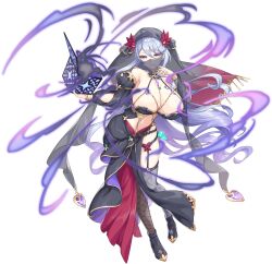  artist_request asymmetrical_legwear bare_shoulders box bracelet breasts cleavage female femme_fatale_(legend_clover) full_body game_cg grey_hair hand_to_own_mouth high_heels highres holding holding_box jewelry large_breasts legend_clover light_smile long_hair navel official_art purple_eyes revealing_clothes solo third-party_source transparent_background veil very_long_hair 