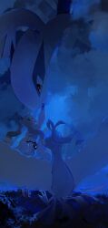  2others absurdres altaria arm_up black_eyes closed_mouth cloud cloudy_sky female flying_miku_(project_voltage) hatsune_miku highres kamatoyu long_hair looking_at_another lugia multiple_others night night_sky official_alternate_costume official_alternate_hairstyle poke_ball pokemon project_voltage sky sweat twintails vocaloid waist_poke_ball 