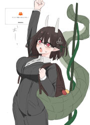  arm_up backpack bag biscione_(fate) biscione_(first_ascension)_(fate) black_hair black_jacket black_skirt blush breasts collared_shirt dragon_girl dragon_tail fate/grand_order fate_(series) female hair_ornament highres horns jacket kaigan0211 large_breasts open_mouth pencil_skirt pointy_ears polearm red_eyes shirt short_hair skirt spear tail weapon white_shirt 