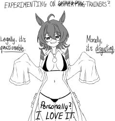  absurdres agnes_tachyon_(umamusume) ahoge animal_ears bikini breasts cowboy_shot deculture english_commentary english_text female glasses greyscale hair_between_eyes highres horse_ears lab_coat large_breasts long_sleeves looking_at_viewer medium_hair monochrome navel necktie open_mouth sleeves_past_fingers sleeves_past_wrists smile solo standing stomach swimsuit test_tube umamusume 