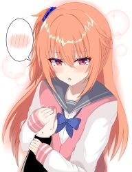  1boy blue_bow blue_bowtie blue_scrunchie blush bow bowtie breasts chinoha_usagi commentary embarrassed eyelashes eyes_visible_through_hair female grabbing_another&#039;s_breast grey_sailor_collar groping guided_breast_grab guiding_hand hair_between_eyes hair_ornament hair_scrunchie highres holding_hands inaba_meguru jacket letterman_jacket long_hair long_sleeves looking_at_viewer motion_lines one_side_up open_mouth orange_hair pink_jacket pov pov_hands red_eyes sailor_collar sanoba_witch school_uniform scrunchie serafuku sidelocks simple_background sleeves_past_wrists small_breasts solo_focus speech_bubble spoken_blush straight straight_hair sweatdrop upper_body white_background white_sleeves 