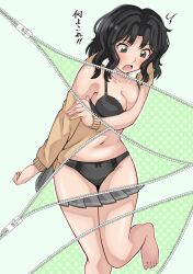  ^^^ amagami barefoot black_bra black_eyes black_hair black_panties blush bow bow_panties bra breasts brown_sweater cleavage collarbone commentary_request curly_hair female foot_out_of_frame grey_skirt highres jishaku_(user_rcuz2843) kibito_high_school_uniform long_sleeves looking_down medium_breasts medium_hair messy_hair navel open_mouth panties pleated_skirt revealing_layer school_uniform skirt solo standing standing_on_one_leg surprised sweater tanamachi_kaoru thighs translated underwear wavy_hair x-ray_vision 