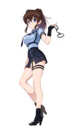  armband belt belt_buckle black_belt black_boots black_gloves black_shorts blue_armband blue_eyes blue_hat blue_necktie blue_shirt blue_skirt blush boots breast_pocket brown_hair buckle chest_harness collared_shirt concept_police_(idolmaster) cuffs dot_nose emblem female fingerless_gloves full_body garrison_cap garter_straps gloves handcuffs harness hat highres idolmaster idolmaster_million_live! idolmaster_million_live!_theater_days kamille_(vcx68) looking_at_viewer mini_hat miniskirt necktie pencil_skirt pleated_skirt pocket police police_badge police_uniform policewoman ponytail satake_minako shirt shirt_tucked_in short_shorts short_sleeves shorts side_slit simple_background skirt smile solo thigh_strap tilted_headwear white_background zipper zipper_pull_tab zipper_skirt 