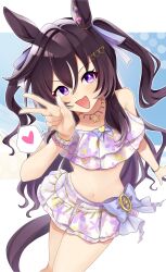  :3 :d amano_(amano_miko) animal_ears bikini breasts brown_hair ear_ornament female hair_between_eyes hair_ornament heart highres horse_ears horse_girl horse_tail jewelry long_hair looking_at_viewer medium_breasts midriff mole mole_under_eye navel necklace official_alternate_costume official_alternate_hairstyle purple_eyes ruffle_bikini smile solo spoken_heart swimsuit tail umamusume v vivlos_(finest_smile_-_liftoff!)_(umamusume) vivlos_(umamusume) 