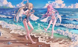  2girls absurdres bare_arms bare_legs bare_shoulders barefoot beach bikini black_one-piece_swimsuit blonde_hair blue_archive blush breasts cleavage cleavage_cutout closed_mouth clothing_cutout feathered_wings grin halo highleg highleg_one-piece_swimsuit highres jojeshi large_breasts looking_at_another mika_(blue_archive) mika_(swimsuit)_(blue_archive) multiple_girls nagisa_(blue_archive) nagisa_(swimsuit)_(blue_archive) navel ocean official_alternate_costume official_alternate_hairstyle one-piece_swimsuit open_mouth pink_hair pink_halo ponytail smile stomach swimsuit white_bikini white_wings wings 