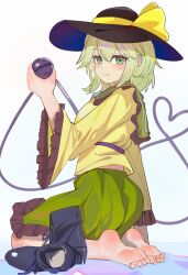  barefoot black_boots black_hat boots feet female frilled_sleeves frills green_eyes green_hair green_skirt hat hat_ribbon highres holding_eyeball kakuburi_marurin_arare komeiji_koishi long_sleeves revision ribbon shirt shoes skirt soles solo third_eye toes touhou unworn_boots unworn_shoes wide_sleeves yellow_ribbon yellow_shirt 