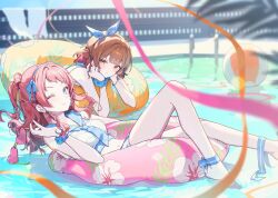  2girls ahoge anklet ball bare_shoulders beachball bikini blue_bikini blue_bow blue_eyes blue_ribbon blue_sailor_collar blush bow bracelet breasts brown_eyes brown_hair closed_mouth collarbone gakuen_idolmaster gradient_hair hair_bun hair_ornament hair_ribbon hairbow hanami_saki hanami_ume idolmaster innertube jewelry large_breasts long_hair looking_at_viewer multicolored_hair multiple_girls navel ningen_mame one_eye_closed outdoors pool red_hair ribbon sailor_bikini sailor_collar scrunchie siblings single_side_bun sisters smile stomach swim_ring swimsuit two_side_up water white_bikini wrist_scrunchie 