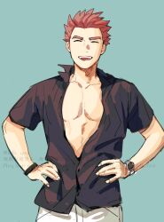  1boy :d alternate_costume bracelet closed_eyes collared_shirt commentary_request facing_viewer green_background hands_on_own_hips happy jewelry lance_(pokemon) male_focus open_mouth pants pectorals pokemon pokemon_hgss shirt smile solo teeth upper_teeth_only watch watermark white_pants wristwatch y_(036_yng) 