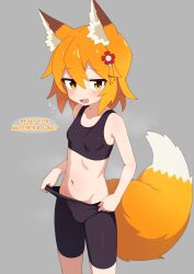  :d alternate_costume animal_ear_fluff animal_ears black_shorts black_sports_bra blonde_hair breasts cowboy_shot english_text female flower fox_ears fox_girl fox_tail hair_flower hair_ornament highres medium_hair mikoscrub navel oerba_yun_fang senko_(sewayaki_kitsune_no_senko-san) sewayaki_kitsune_no_senko-san shorts skin_fang small_breasts smile solo speech_bubble sports_bra standing tail thighs 