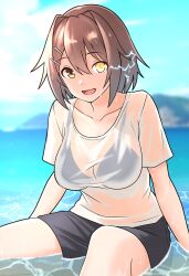  bikini bikini_under_clothes black_bikini black_shorts breasts brown_eyes brown_hair day female furaggu_(frag_0416) furutaka_(kancolle) glowing glowing_eye hair_ornament hairclip heterochromia highres kantai_collection large_breasts ocean outdoors see-through_clothes shirt short_hair short_sleeves shorts sitting solo swimsuit t-shirt wet wet_clothes wet_shirt white_shirt yellow_eyes 