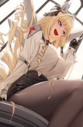  arm_support black_pantyhose black_ribbon black_shorts blonde_hair blue_eyes breasts commentary crown_(nikke) drill_hair eyeshadow female from_below goddess_of_victory:_nikke hair_flowing_over hair_intakes hair_ribbon hair_spread_out hand_up headgear highres indoors large_breasts long_hair long_sleeves looking_to_the_side makeup oerba_yun_fang open_mouth pantyhose playing_with_own_hair red_eyeshadow ribbon shirt shorts sidelocks sitting siyeong skin_fang solo sword tiara very_long_hair weapon white_shirt 