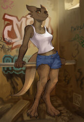  anthro barefoot blue_bottomwear blue_clothing blue_hotpants blue_shorts bottomwear breasts brown_body brown_scales clothed clothing colored digital_media_(artwork) ethrk feet female full-length_portrait graffiti graffiti_on_wall hi_res horn hotpants inside kobold looking_at_viewer midriff navel portrait red_eyes scales scalie shaded shirt shorts solo standing tail tank_top topwear white_clothing white_shirt white_tank_top white_topwear 