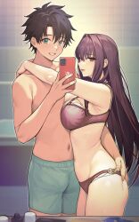  1boy bare_shoulders black_hair blue_eyes blush bra breasts dynamitenatalia fate/grand_order fate_(series) female fujimaru_ritsuka_(male) highres large_breasts long_hair looking_at_viewer panties purple_hair red_eyes scathach_(fate) short_hair smile thighs underwear 