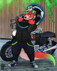  anthro clothing dragon duo eastern_dragon feral grass hi_res hug male motorcycle mythological_creature mythological_scalie mythology outside partyzan plant scalie size_difference tail urban vehicle 