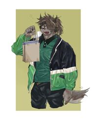  1boy animal_ears arm_up bag bara blue_jacket border catoblepas_(housamo) closed_eyes furry furry_male gao_(gao_53937056) glasses green_jacket green_shirt highres holding holding_bag horns jacket long_hair male_focus multicolored_clothes multicolored_jacket muscular muscular_male open_mouth outside_border ponytail shirt shopping_bag simple_background smile solo tail tokyo_afterschool_summoners two-tone_jacket upper_body white_border yellow_background 