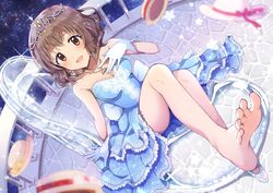  balcony bare_shoulders barefoot blush breasts brown_eyes brown_hair cleavage dress feet female frilled_dress frills glass_slipper gloves gum_(vivid_garden) hand_on_own_chest hat highres idolmaster idolmaster_cinderella_girls idolmaster_cinderella_girls_starlight_stage jewelry knees_up legs looking_at_viewer namiki_meiko necklace night open_mouth short_hair sitting smile soles solo star_(sky) thighs tiara toenails toes transparent_seat 