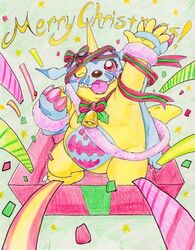  anthro bandai_namco bell bell_collar belly blush christmas collar digimon digimon_(species) gabumon gift_wrapped holidays horn male one_eye_closed slightly_chubby solo tabasukotrr traditional_media_(artwork) wink 