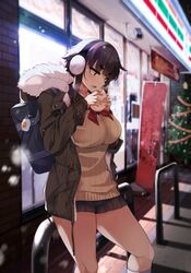  absurdres beige_sweater black_hair black_skirt breasts brown_coat brown_eyes bun_(food) christmas_tree coat contrapposto earmuffs eating feet_out_of_frame female food fur_trim highres holding holding_food jovejun large_breasts looking_down miniskirt neckerchief night open_mouth original pleated_skirt red_neckerchief short_hair_with_long_locks skirt solo standing thick_eyebrows thighs tsubomioka_happa v-shaped_eyebrows white_legwear 