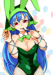  absurdres animal_ears arm_ribbon blue_hair bow bowtie breasts cleavage commentary detached_collar easter easter_egg egg fake_animal_ears female fishnet_pantyhose fishnets green_bow green_bowtie green_leotard haniyasushin_keiki head_scarf highres joutouguu_mayumi kaisenpurin large_breasts leotard licking long_hair paintbrush pantyhose playboy_bunny rabbit_ears red_eyes ribbon solo tongue touhou very_long_hair 