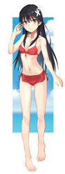  alternate_eye_color ass_visible_through_thighs barefoot bikini black_hair blurry blurry_background border breasts closed_mouth collarbone commentary_request feet female flower full_body green_eyes hair_between_eyes hair_flower hair_ornament hand_up long_hair looking_at_viewer medium_breasts navel outside_border raika9 red_bikini saten_ruiko simple_background solo swimsuit toaru_kagaku_no_railgun toaru_majutsu_no_index toes white_border white_flower zipper_bikini 