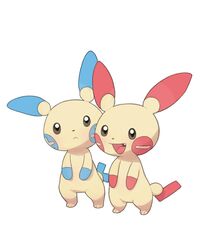  alternate_color ambiguous_gender blue_cheeks blue_ears blue_tail blush brown_eyes chibifur duo generation_3_pokemon hi_res minun nintendo plusle pokemon pokemon_(species) possummachine red_cheeks red_ears red_hands red_tail simple_background tail white_background yellow_body 