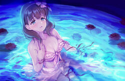  :o bikini blush breasts brown_hair collarbone female flower frilled_bikini frills idolmaster idolmaster_cinderella_girls looking_at_viewer medium_breasts omisoshiru partially_submerged pink_bikini protected_link red_flower red_ribbon red_rose refraction ribbon rose sakuma_mayu sarong solo swimsuit water 