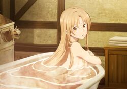  artist_request asuna_(sao) bath bathing breasts brick brick_wall brown_eyes brown_hair check_source female from_side hair_between_eyes highres indoors long_hair looking_at_viewer looking_to_the_side medium_breasts nude parted_lips solo source_request sword_art_online third-party_source upper_body very_long_hair water 