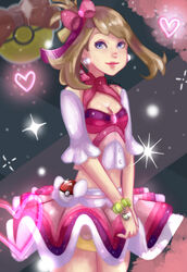  bangs bracelet breasts brown_hair buttons cleavage closed_mouth commentary cowboy_shot earrings english_commentary eyelashes female grey_eyes hair_ribbon heart highres jewelry may_(pokemon) medium_hair nanumn own_hands_together pink_ribbon poke_ball poke_ball_(basic) pokemon pokemon_(game) pokemon_contest pokemon_oras ribbon shiny shiny_hair signature skirt smile solo sparkle 