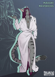  big_breasts breasts cleavage clothed clothing dress felid female fish_hook footwear fur grey_body grey_fur hair hi_res high_heels hook jewelry lazydez lips long_hair mammal mature_female necklace orange_eyes pantherine purple_hair solo striped_body stripes tiger 