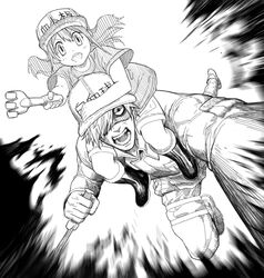  1boy boots carrying clothes_writing commentary crazy_eyes dagger english_commentary female greyscale hair_over_one_eye hat hat_writing hataraku_saibou holding holding_dagger holding_knife holding_weapon incoming_attack jacket knife lolicon looking_at_viewer monochrome one_eye_covered open_mouth platelet_(hataraku_saibou) reverse_grip shirt short_sleeves shorts shoulder_carry teeth u-1146 upper_teeth_only weapon white_blood_cell_(hataraku_saibou) wide-eyed y_naf 