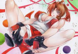  bare_shoulders blush breasts brown_hair cleavage fatal_fury female fingerless_gloves gloves highres japanese_clothes large_breasts long_hair looking_at_viewer marker_(medium) ninja parted_bangs pelvic_curtain ponytail red_eyes rozarin shiranui_mai smile socks solo the_king_of_fighters traditional_media 