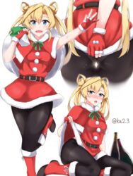  absurdres abukuma_(kancolle) alternate_costume ass bad_id bad_pixiv_id belt black_belt black_pantyhose blonde_hair blue_eyes breasts capelet christmas clothes_lift double_bun dress dress_lift female fur-trimmed_capelet fur-trimmed_dress fur-trimmed_gloves fur_trim gloves hair_between_eyes hair_bun hair_rings highres holding holding_sack ibuki_grunt kantai_collection lifting_own_clothes long_hair multiple_views panties panties_under_pantyhose pantyhose partially_fingerless_gloves red_capelet red_dress red_gloves sack santa_costume santa_dress small_breasts underwear white_panties 