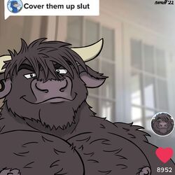  1:1 anthro avian big_pecs bird bovid bovine chest_tuft close-up cover_them_up_slut ear_piercing english_text european_mythology galliform gauged_ear greek_mythology hi_res looking_at_viewer male mammal meme minotaur minotaur_hotel muscular muscular_male mythology nanoff p_(minotaur_hotel) peafowl pecs phasianid piercing smile smiling_at_viewer smirk solo storm_(minotaur_hotel) text tuft 