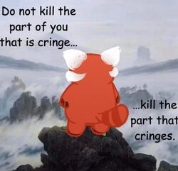  ailurid anthro caspar_david_friedrich cliff cloud comic_sans detailed_background disney english_text female fog ingoodjesst inspirational inspired_by_formal_art mammal meilin_lee_(turning_red) meme mountain mountain_range outside pixar positive_message promontory_(geography) red_panda solo text turning_red wanderer_above_the_sea_of_fog 