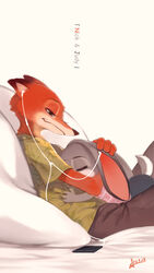  1boy animal_ears blue_eyes character_name closed_eyes couple cradling_head earbuds earphones female fox_boy fox_ears furry furry_female furry_male furry_with_furry green_shirt grey_fur hawaiian_shirt highres hug judy_hopps listening_to_music looking_at_another lying_on_person nick_wilde orange_fur pants photoshop_(medium) pillow pink_shirt rabbit_ears rabbit_girl rabbit_tail reclining shirt sleeping sleeping_on_person smile snout squidsmith straight tail zootopia 