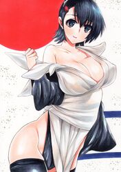  absurdres bandages_over_clothes black_hair blush breasts cleavage collarbone female hair_ornament hairclip highres iroha_(samurai_spirits) large_breasts long_sleeves looking_at_viewer maid maid_headdress marker_(medium) rozarin samurai_spirits short_hair smile solo traditional_media wide_sleeves 