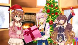  3girls absurdres airani_iofifteen airani_iofifteen_(1st_costume) anya_melfissa anya_melfissa_(1st_costume) arm_up armpits ayunda_risu ayunda_risu_(1st_costume) blurry blurry_background breasts brown_hair christmas christmas_tree cleavage collarbone detached_sleeves english_commentary fireplace gift hat highres hololive hololive_indonesia indonesia kiniro_tofu looking_at_viewer multiple_girls santa_hat virtual_youtuber window 